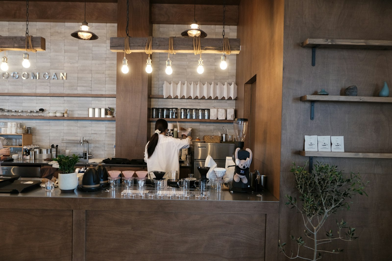 The counter and seating area inside Brew & Bean Cafe in Austin